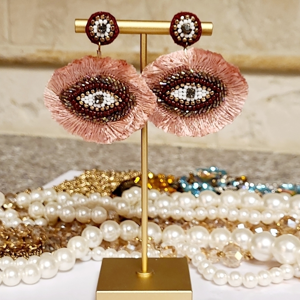 New Oversized Boho Funky Evil Eye Beaded Silk Fringe Drop Earrings - Picture 4 of 8